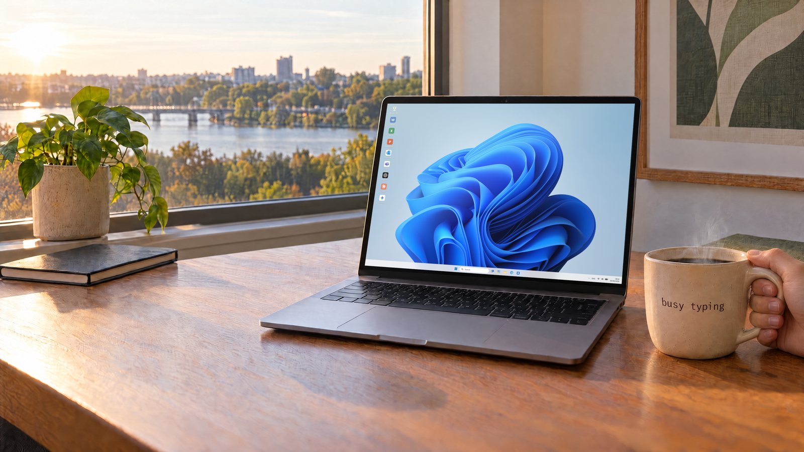 A wooden desk by a window in morning light: a laptop showing a clean Windows 11 desktop, and beside it a hand holding a mug of coffee printed busy typing.